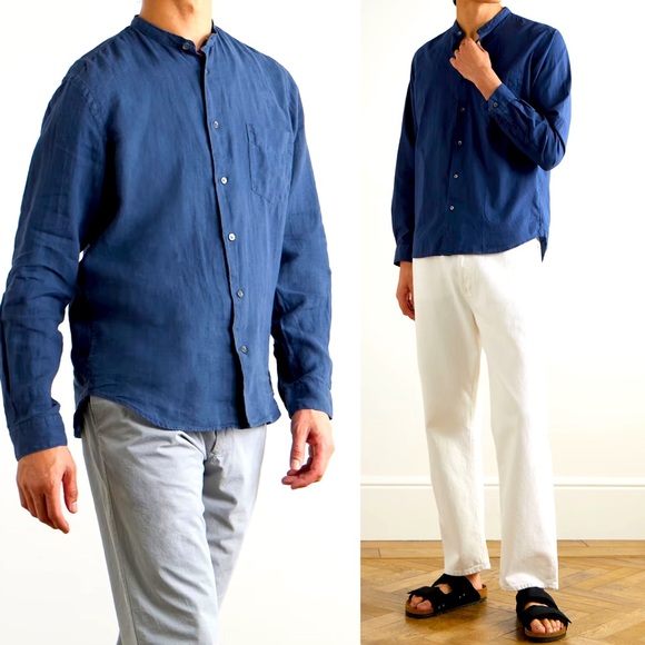 HARTFORD – PREMIUM PAT GRANDAD-COLLAR Button Up Shirt Size XXL Blue - Picture 1 of 11